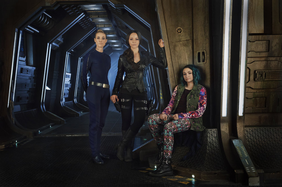 DARK MATTER -- Season:1 -- Pictured: (l-r) Zoie Palmer as The Android, Melissa O'Neil as Two, Jodelle Ferland as Five -- (Photo by: Dennys/Ilic/Syfy)