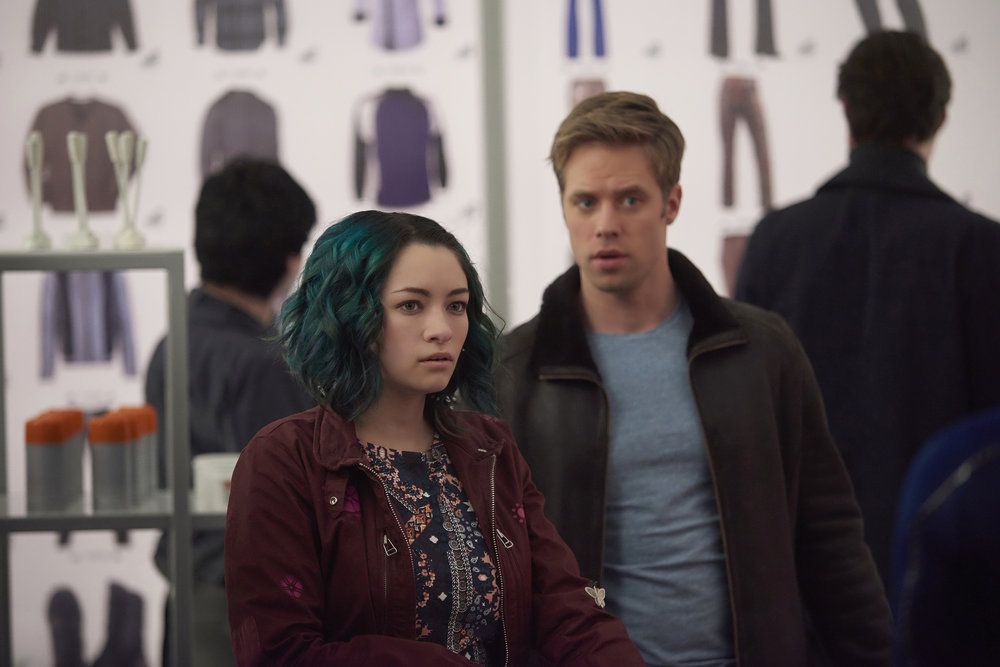 DARK MATTER -- "We Were Family" Episode 204 -- Pictured: (l-r) Jodelle Ferland as Five, Shaun Sipos as Devon -- (Photo by: Russ Martin/Prodigy Pictures/Syfy)