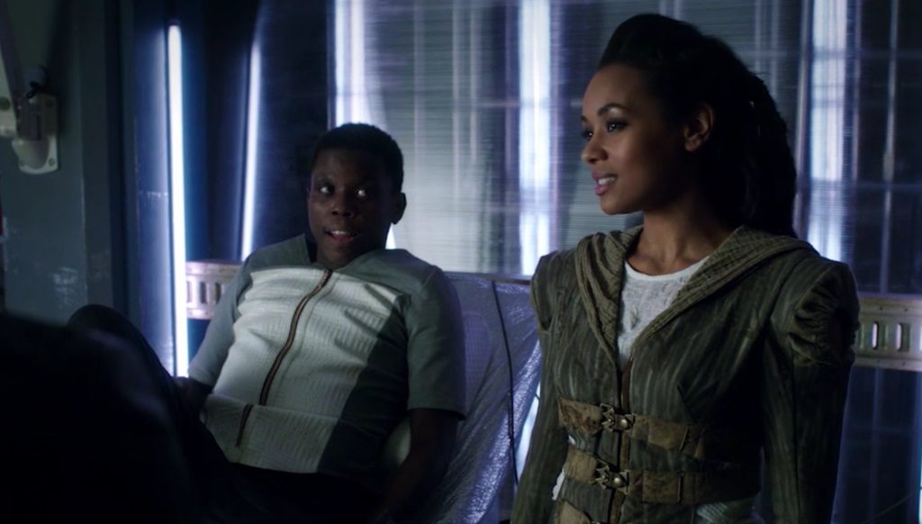 DARK MATTER -- "We Should Have Seen This Coming" Episode 206 -- Pictured l-r: Mpho Koaho as Milo and Melanie Liburd as Nyx