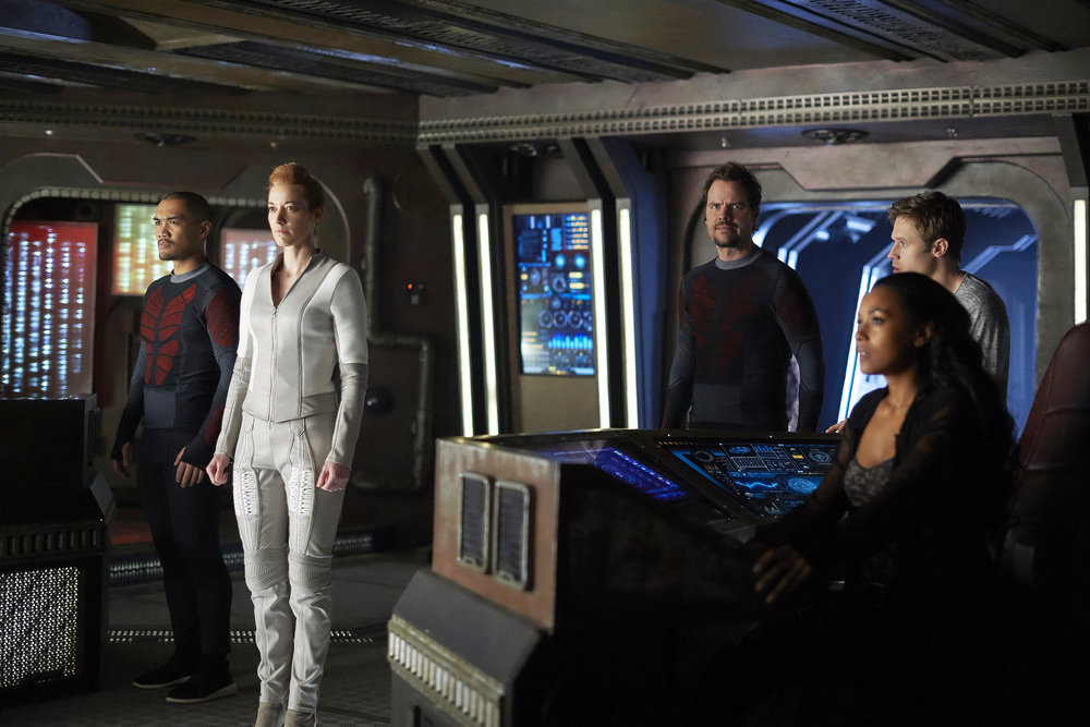 DARK MATTER -- "She's One of Them Now" Episode 207 -- Pictured: (l-r) Alex Mallari Jr. as Four, Zoie Palmer as The Android, Anthony Lemke as Three , Melanie Liburd as Nyx, Shaun Sipos as Devon -- (Photo by: Russ Martin/Prodigy Pictures/Syfy)