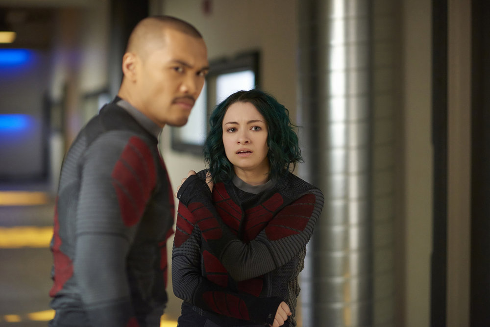 DARK MATTER -- "She's One of Them Now" Episode 207 -- Pictured: (l-r) Alex Mallari Jr. as Four, Jodelle Ferland as Five -- (Photo by: Russ Martin/Prodigy Pictures/Syfy)