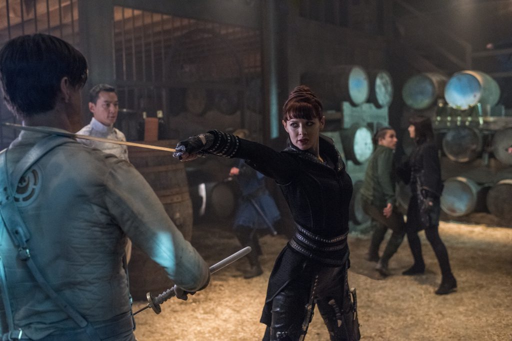 Daniel Wu as Sunny, Emily Beecham as The Widow, Ally Ioannides as Tilda, Aramis Knight as M.K.; group - Into the Badlands _ Season 2, Episode 8 - Photo Credit: Antony Platt/AMC