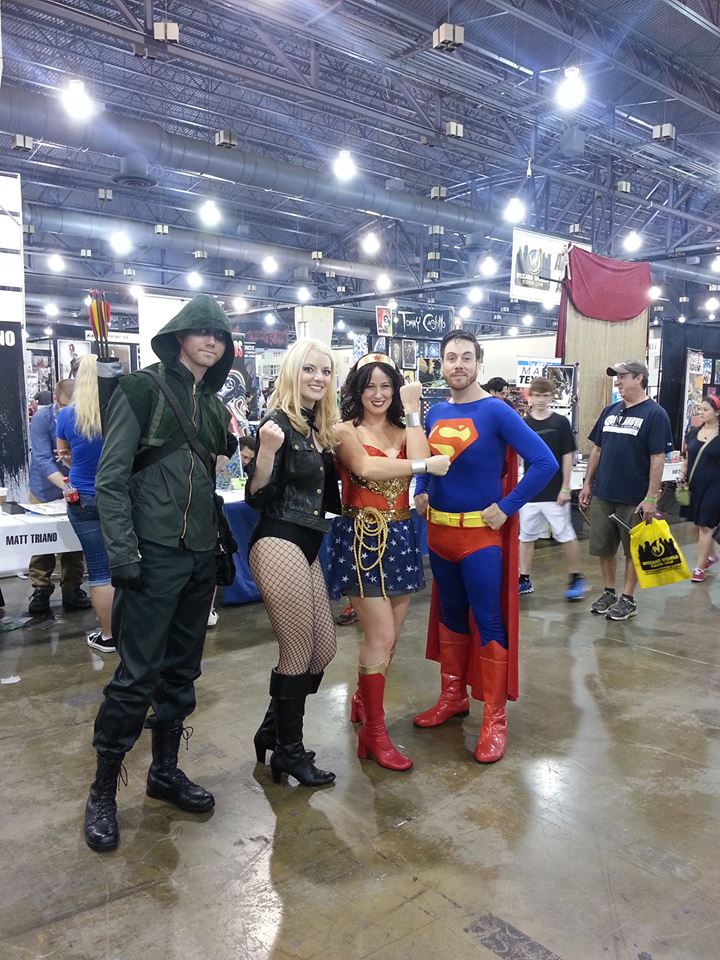 Arrow, Black Widow, Wonder Woman, and Superman Cosplayers