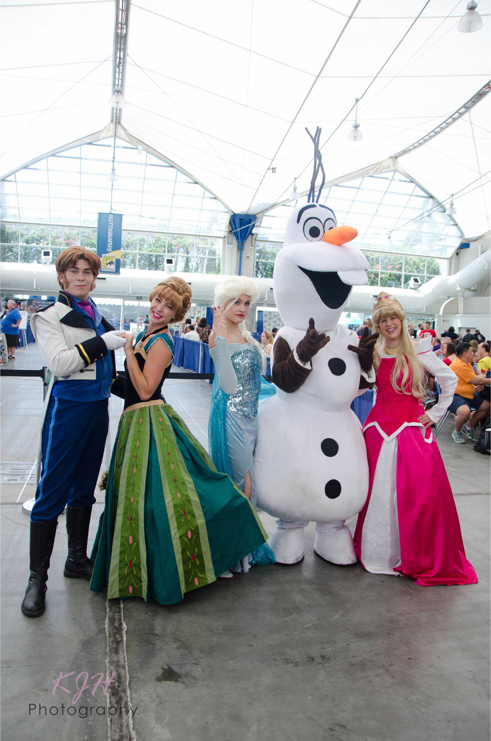 Hans, Anna, Elsa, Olaf, and Princess Aurora