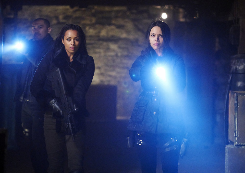 DARK MATTER -- "We Voted Not to Space You" Episode 205 -- Pictured: (l-r) Alex Mallari, Jr. as Four, Melanie Liburd as Nyx, Melissa O'Neil as Two -- (Photo by: Steve Wilkie/Prodigy Pictures/Syfy)