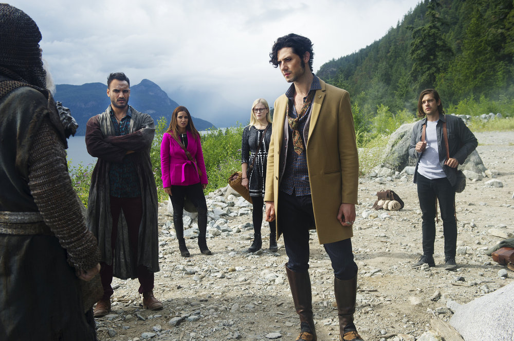 THE MAGICIANS -- "Night of Crowns" Episode 201 -- Pictured: (l-r) Arjun Gupta as Penny, Summer Bishil as Margo, Olivia Taylor Dudley as Alice, Hale Appleman as Eliot, Jason Ralph as Quentin -- (Photo by: Carole Segal/Syfy)