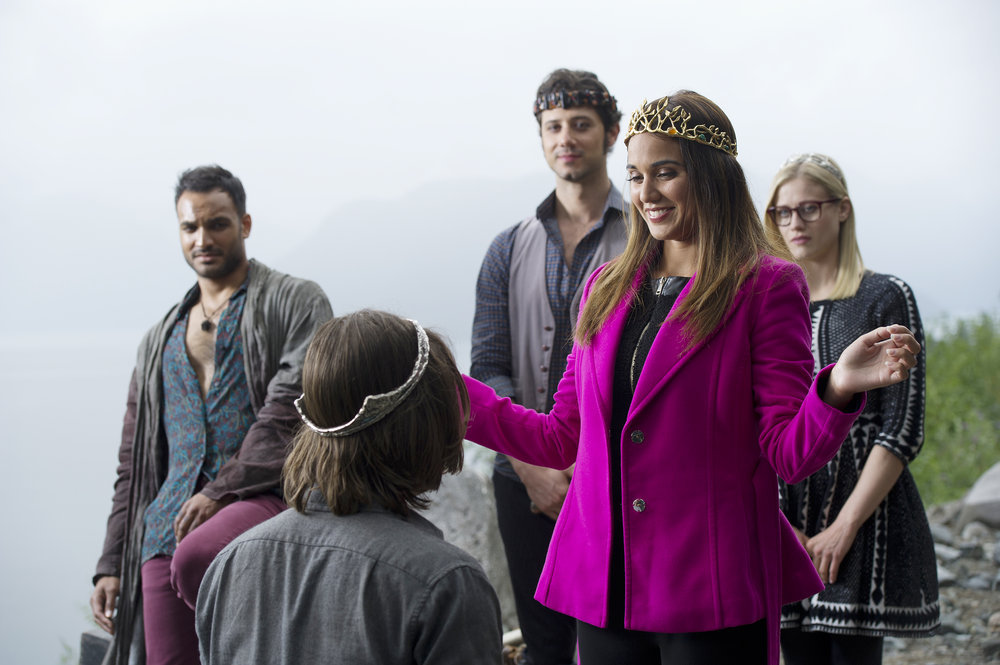 THE MAGICIANS -- "Night of Crowns" Episode 201 -- Pictured: (l-r) Arjun Gupta as Penny, Hale Appleman as Eliot, Summer Bishil as Margo, Olivia Taylor Dudley as Alice -- (Photo by: Carole Segal/Syfy)